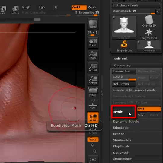 how to know when to increase subdivision in zbrush